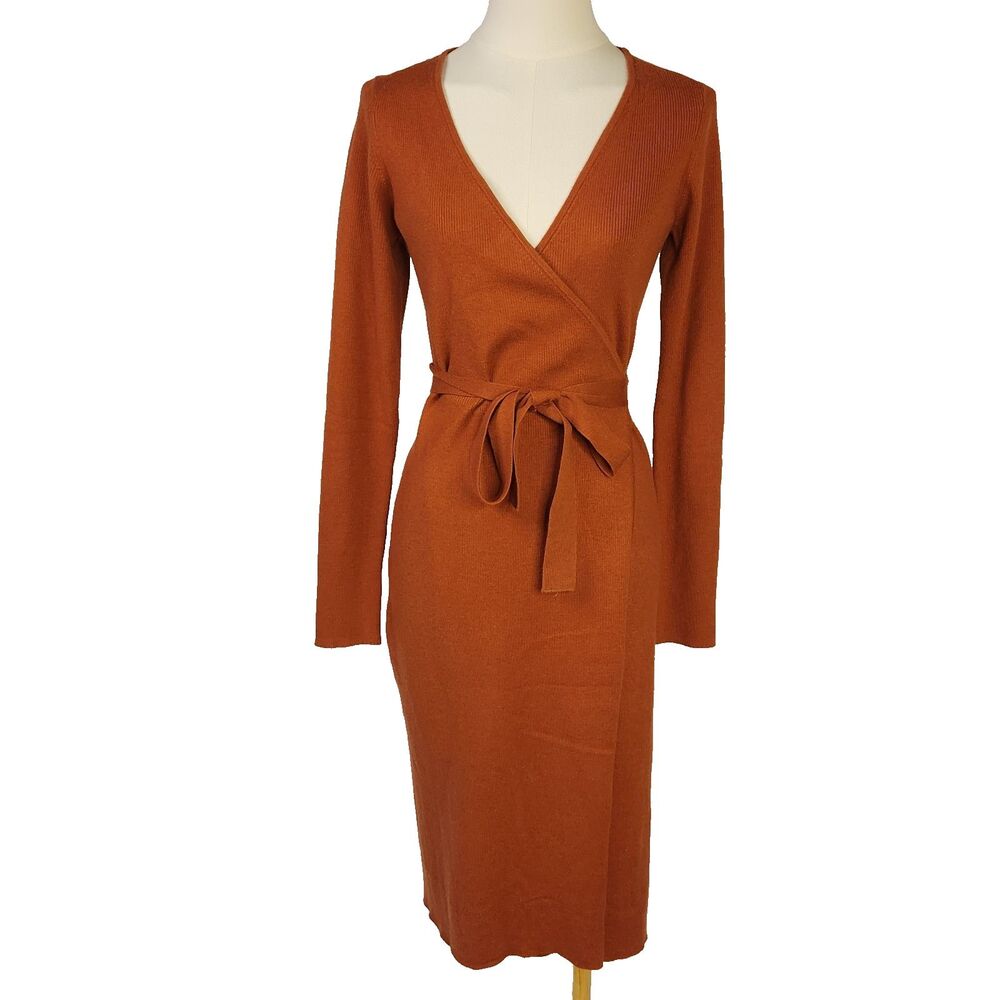 Abercrombie & Fitch Ribbed Knit True Wrap Sweater Dress Small Rust Downtown Girl